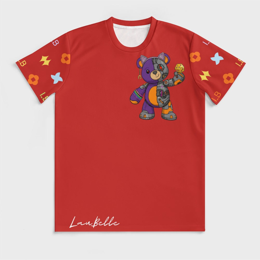 Red T-shirt with colorful patchwork bear holding ice cream, patterned flower and icon sleeves.