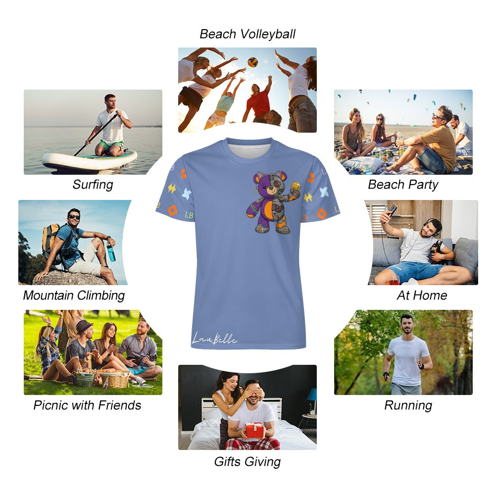 Blue t-shirt with cartoon bear centered in collage of people surfing, partying, running.