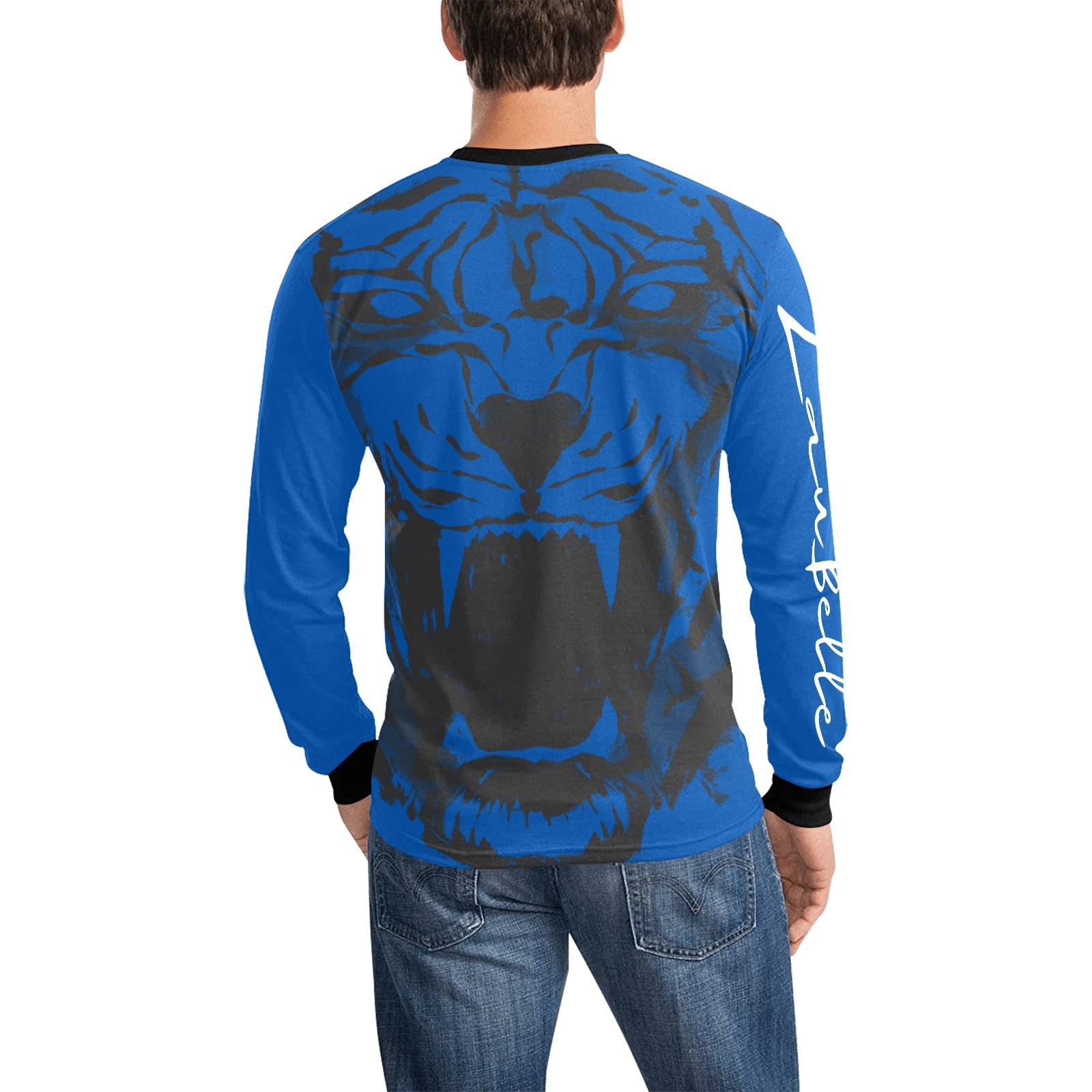 Man in blue long-sleeve shirt with large black tiger face graphic, wearing jeans, viewed from behind.