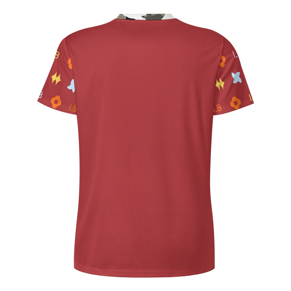 Back view of red T-shirt with short sleeves featuring colorful geometric patterns.