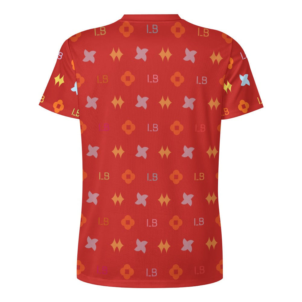 Red T-shirt back with repeating multicolor geometric shapes and small “LB” text.