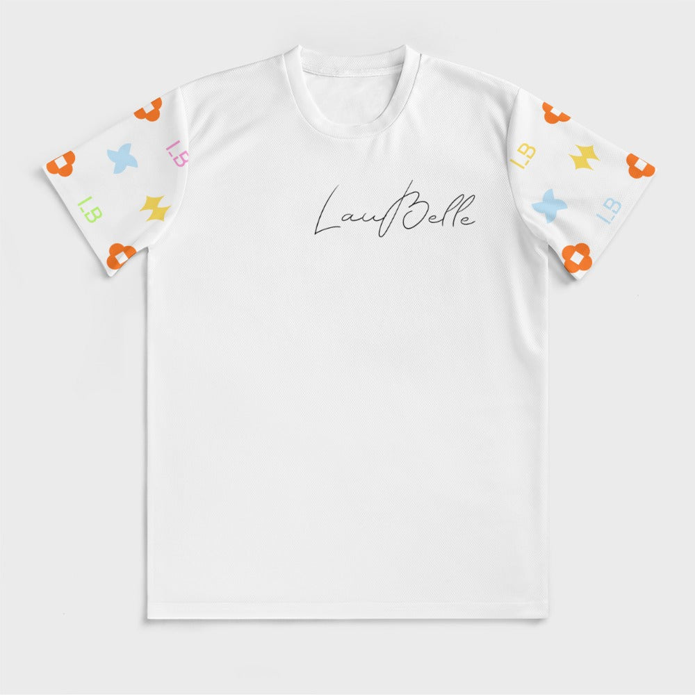 White T-shirt with script logo and colorful geometric patterned sleeves on gray background