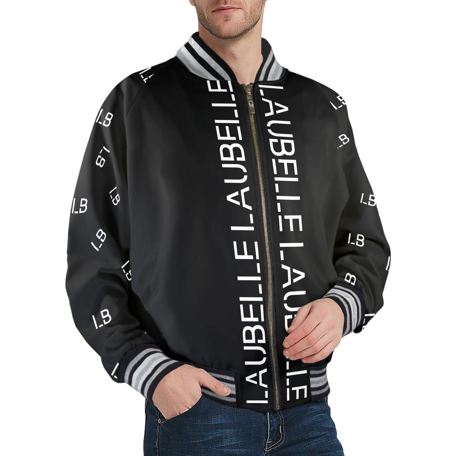 LauBelle Mens Sporty Striped-Trim Metal-Zip Bomber Jacket