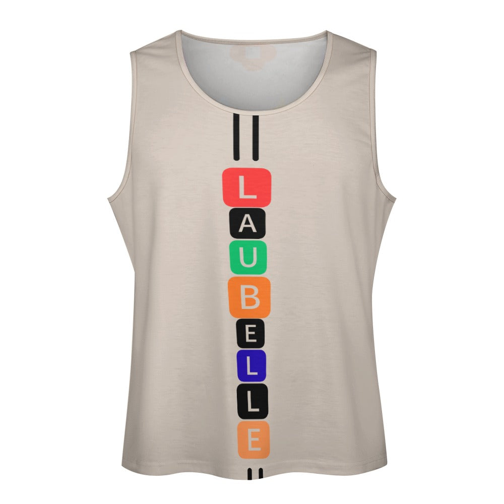 Beige tank top with vertical colorful blocks spelling "LAUBELLE" in red, black, green, orange, and blue.