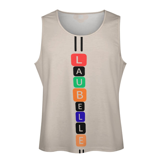 Beige tank top with vertical colorful blocks spelling "LAUBELLE" in red, black, green, orange, and blue.