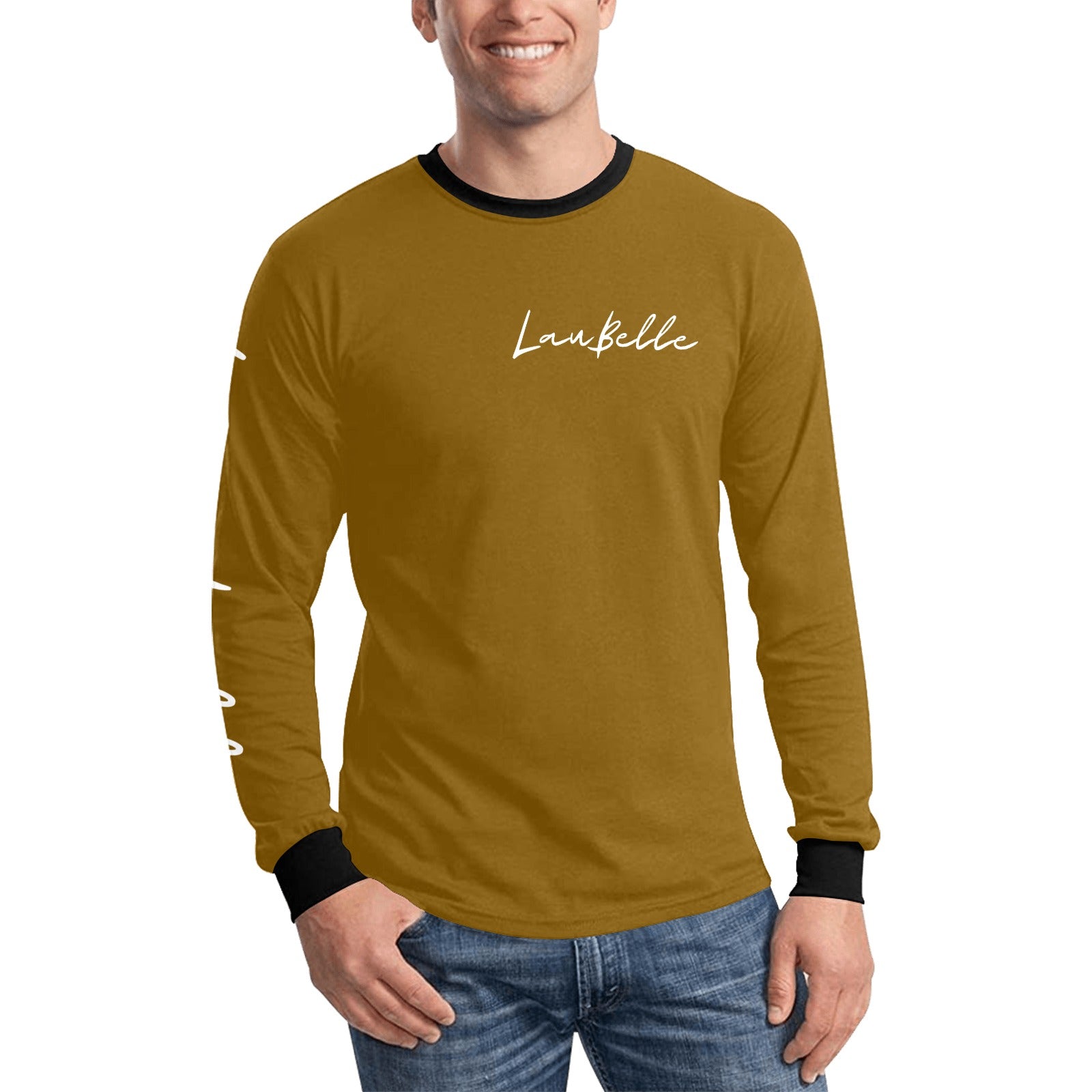 Man in mustard long-sleeve shirt with black cuffs and collar, white script text, and blue jeans.