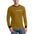 Man in mustard long-sleeve shirt with black cuffs and collar, white script text, and blue jeans.