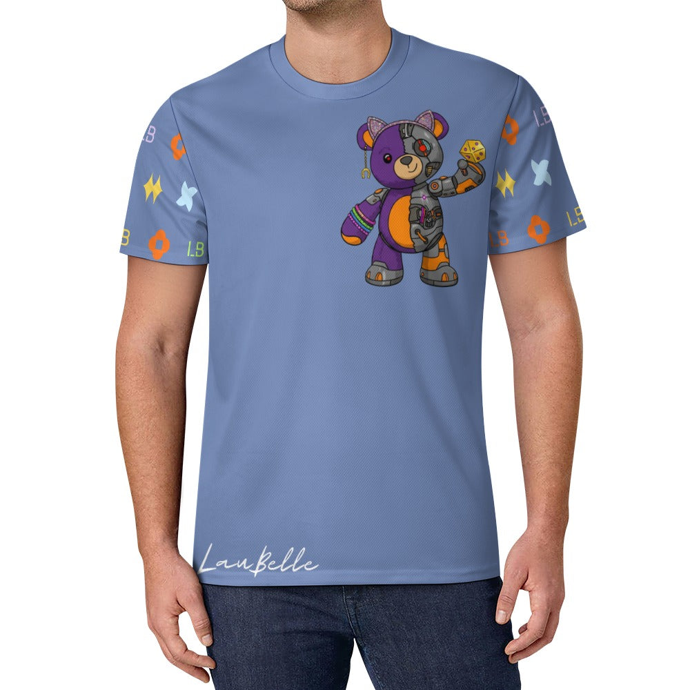 Man wears blue T-shirt with colorful patchwork bear and bright geometric sleeve icons.