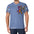 Man wears blue T-shirt with colorful patchwork bear and bright geometric sleeve icons.