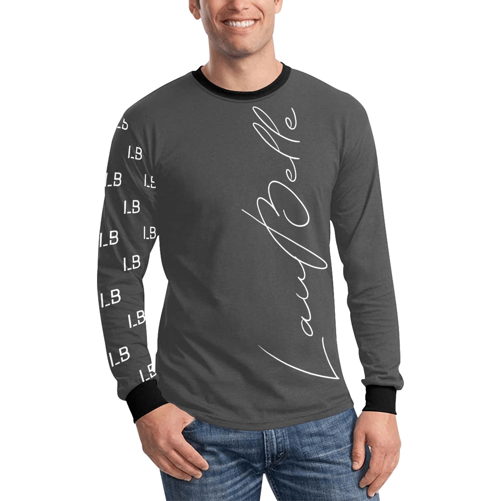 Man wearing a gray long-sleeve shirt with "LaufBelle" text, black cuffs, and "L.B" on one sleeve.