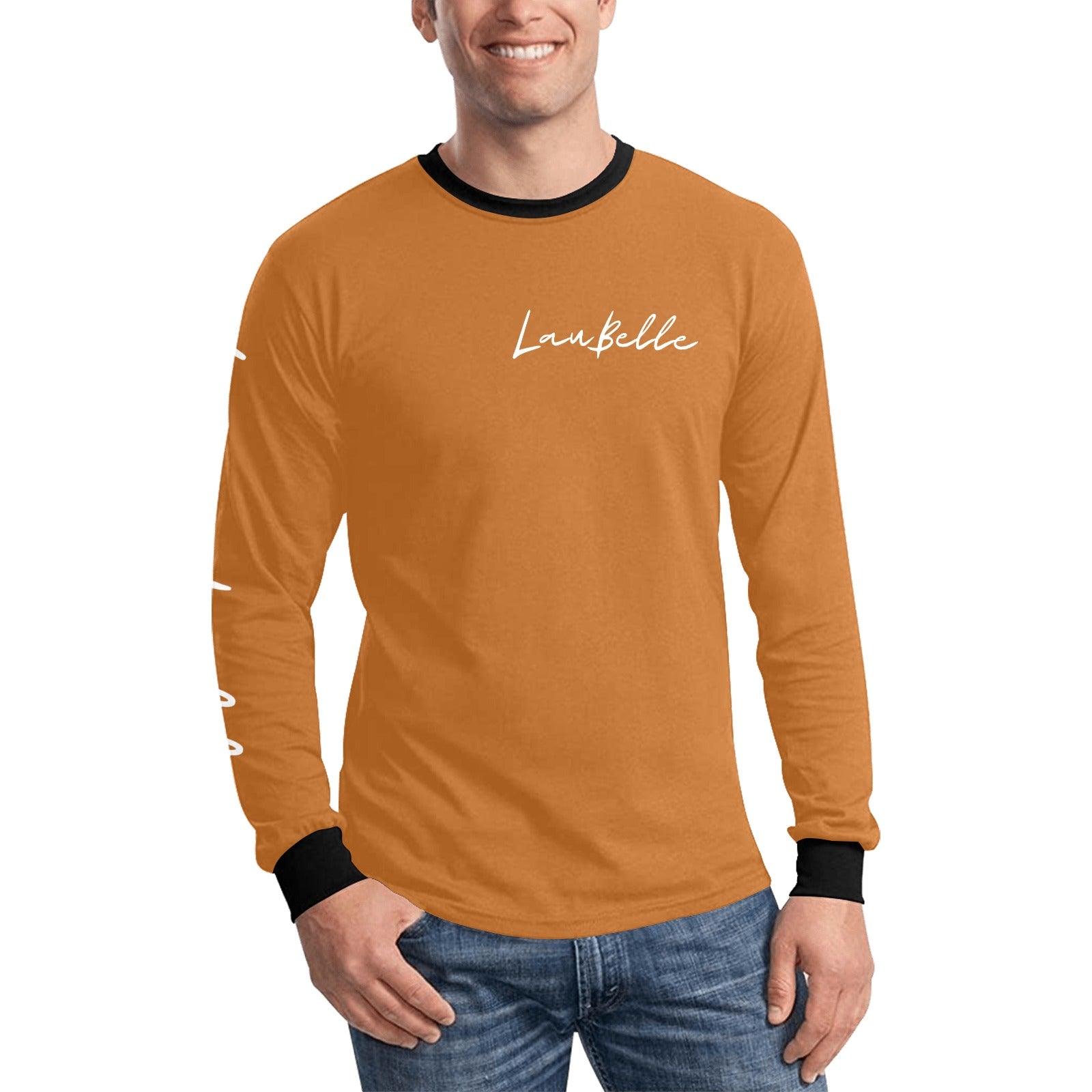 Man in orange long-sleeve shirt with black cuffs, collar, and white script text, wearing jeans.