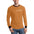 Man in orange long-sleeve shirt with black cuffs, collar, and white script text, wearing jeans.