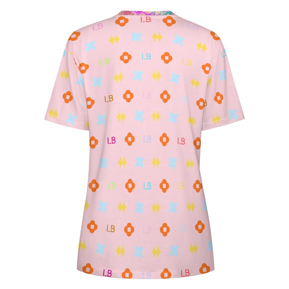 Pink t-shirt with colorful symbols and "LB" text in a repeating pattern.
