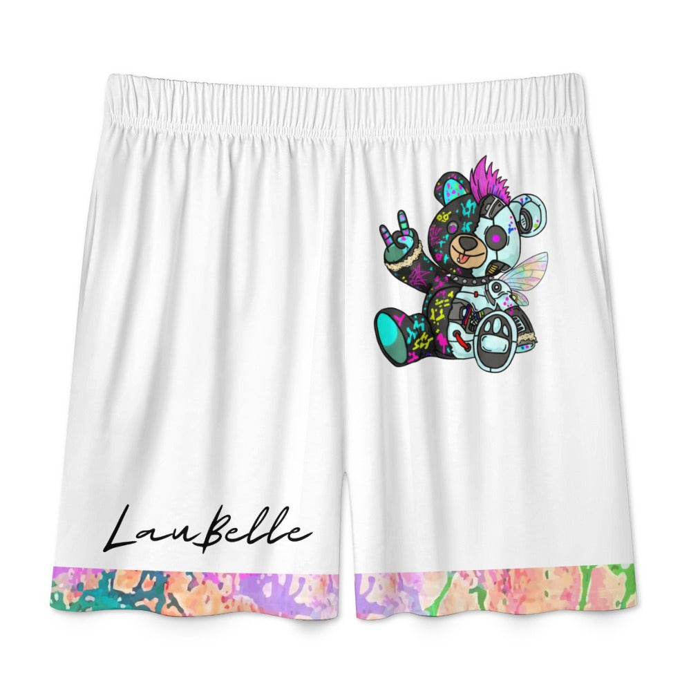 White shorts with colorful teddy bear design, pink and green trim, and "LauBelle" text.