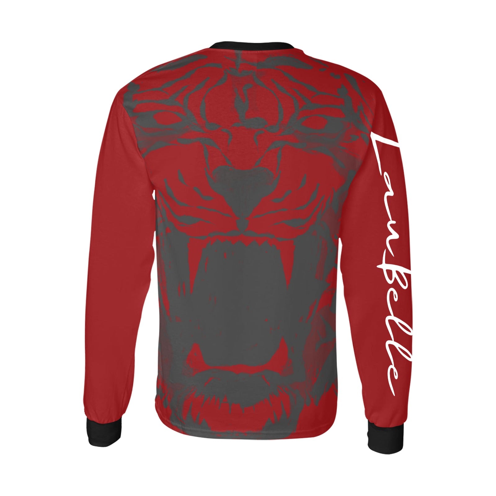 Red and gray jacket featuring a large lion face design on the back and text on the sleeve.