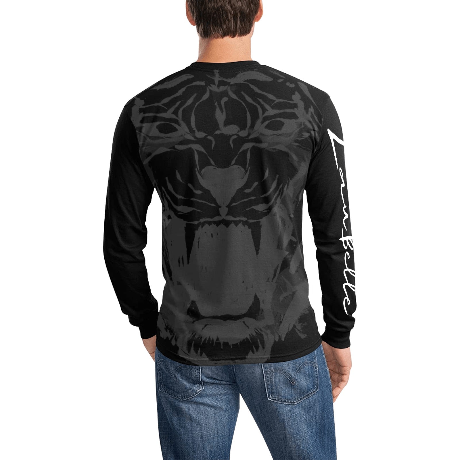 Man in black shirt with large tiger face design on back, white text on sleeve, wearing blue jeans.