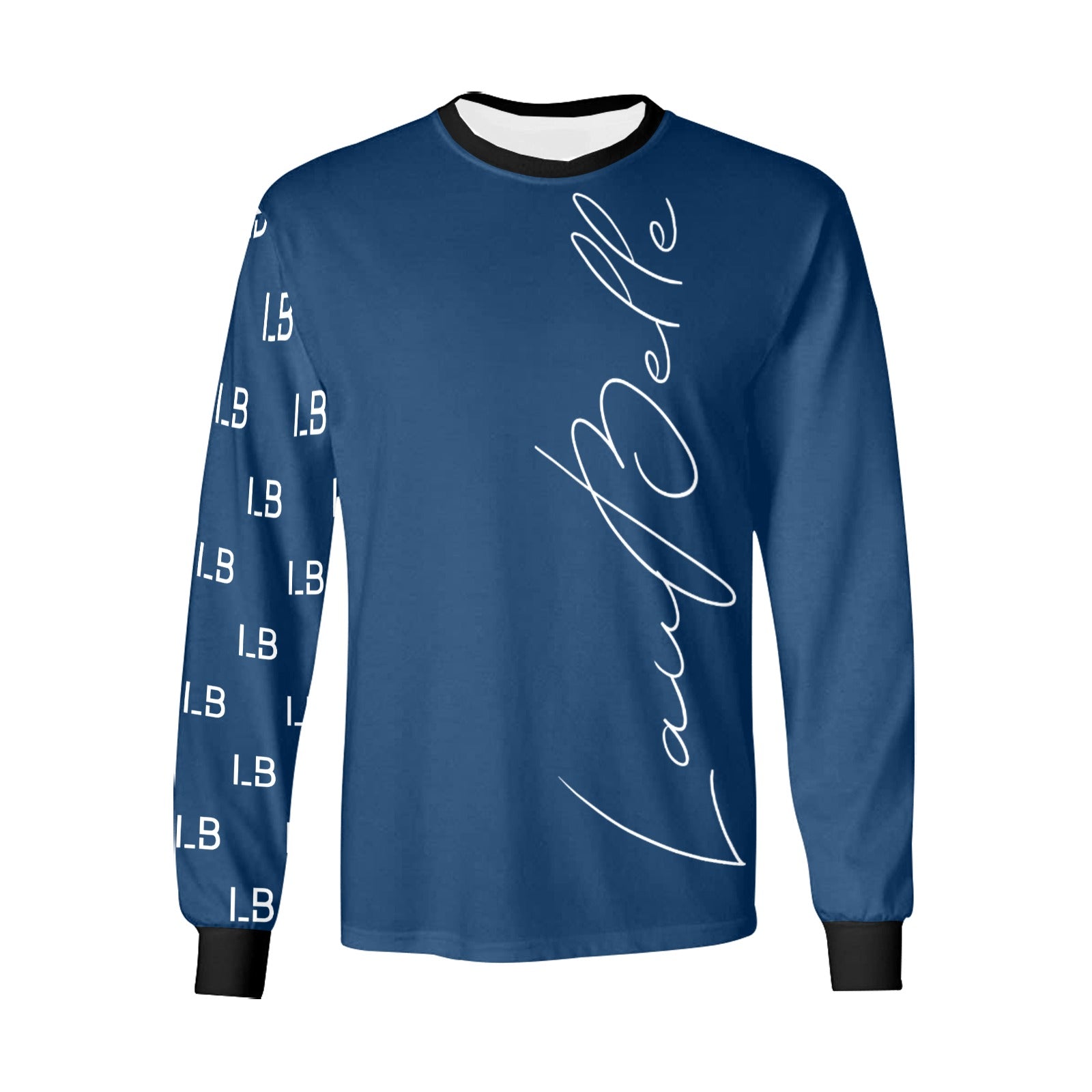 Blue long-sleeve shirt with black cuffs, featuring "L.B" text on the sleeve and "LauBelle" on the front.