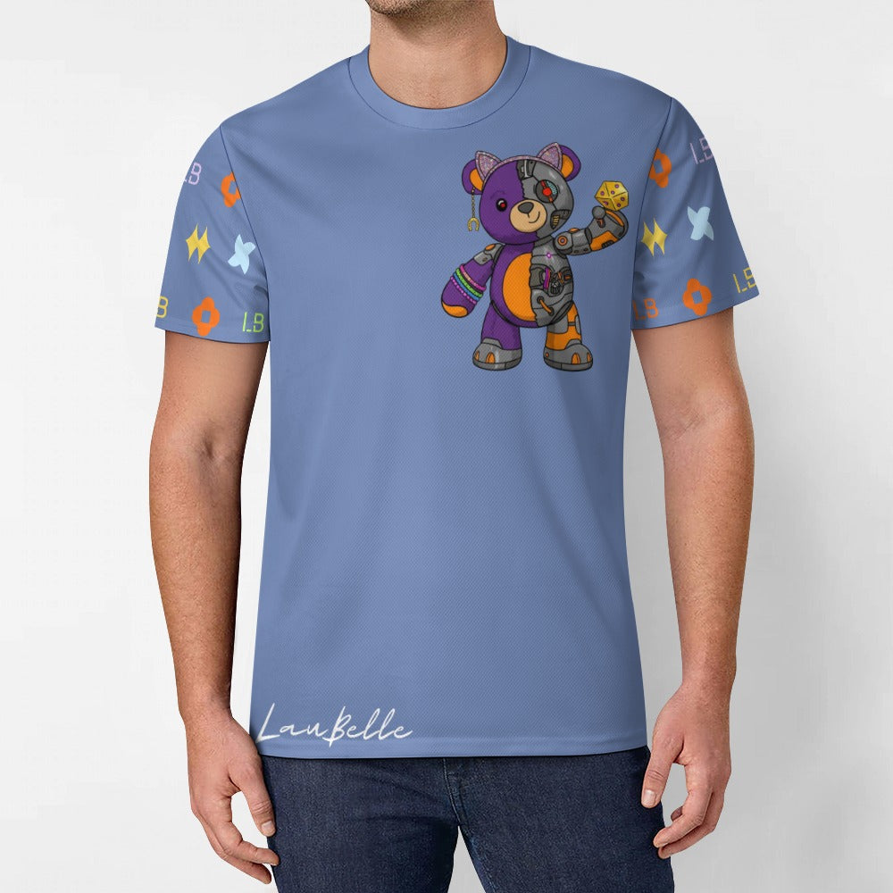 Man in light blue T-shirt with colorful patchwork bear and geometric icons on sleeves.