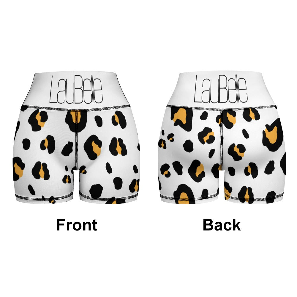 White shorts with bold black and orange leopard print, shown from front and back.