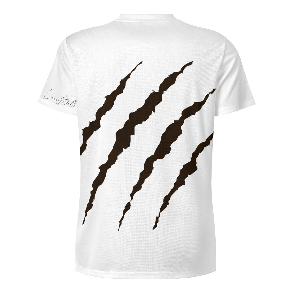 White T-shirt back with five diagonal dark claw-scratch stripes and small sleeve signature.