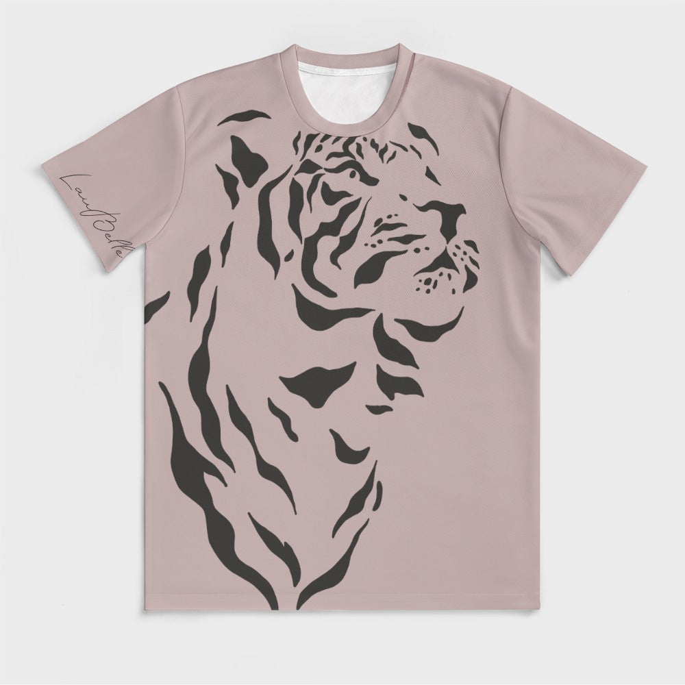 Mauve T-shirt with large black minimalist tiger illustration along the front side