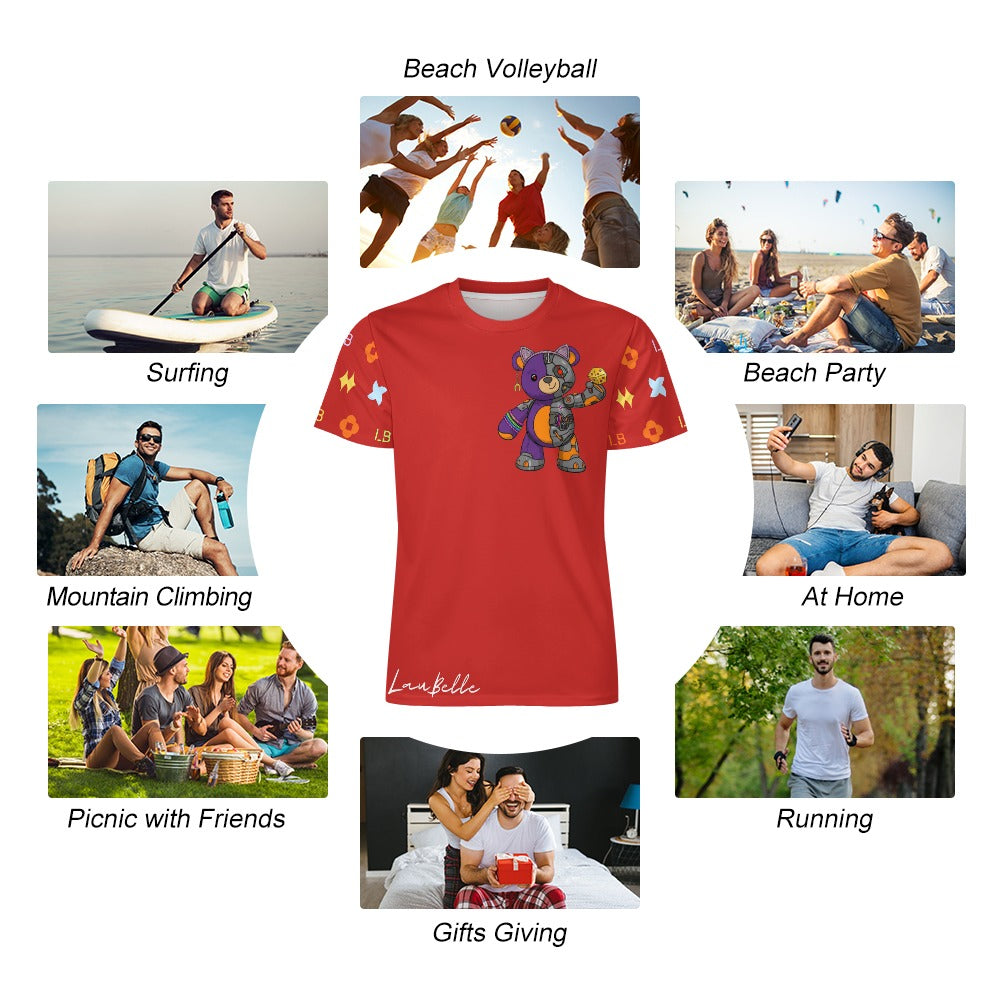Red T-shirt with cartoon teddy bear, surrounded by photos of people doing outdoor activities.