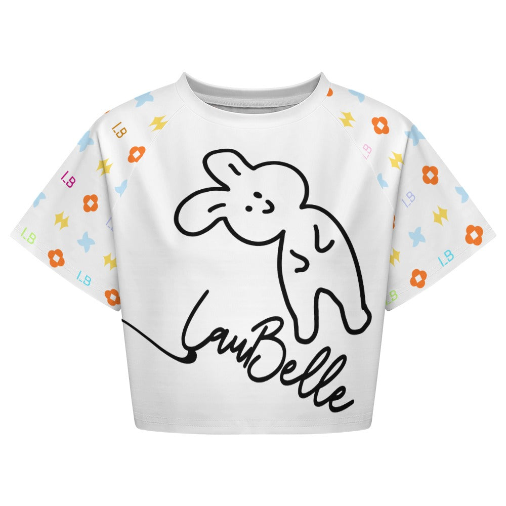 White crop top with black bunny illustration and "LamBelle" text, colorful flower patterns on sleeves.