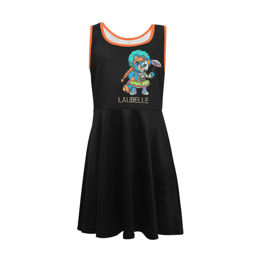Black sleeveless dress with orange trim, featuring a colorful cartoon character on the front.