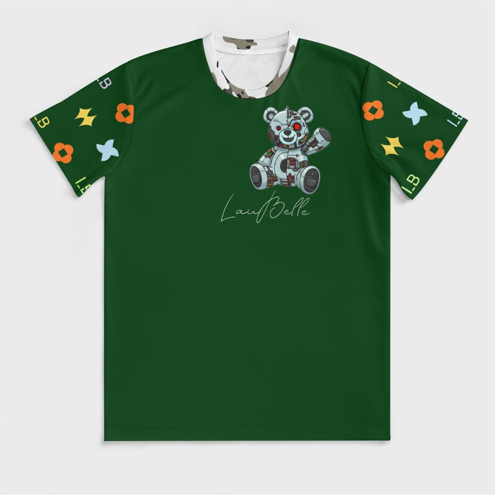 Dark green T-shirt with cartoon robot bear on chest and colorful patterned short sleeves