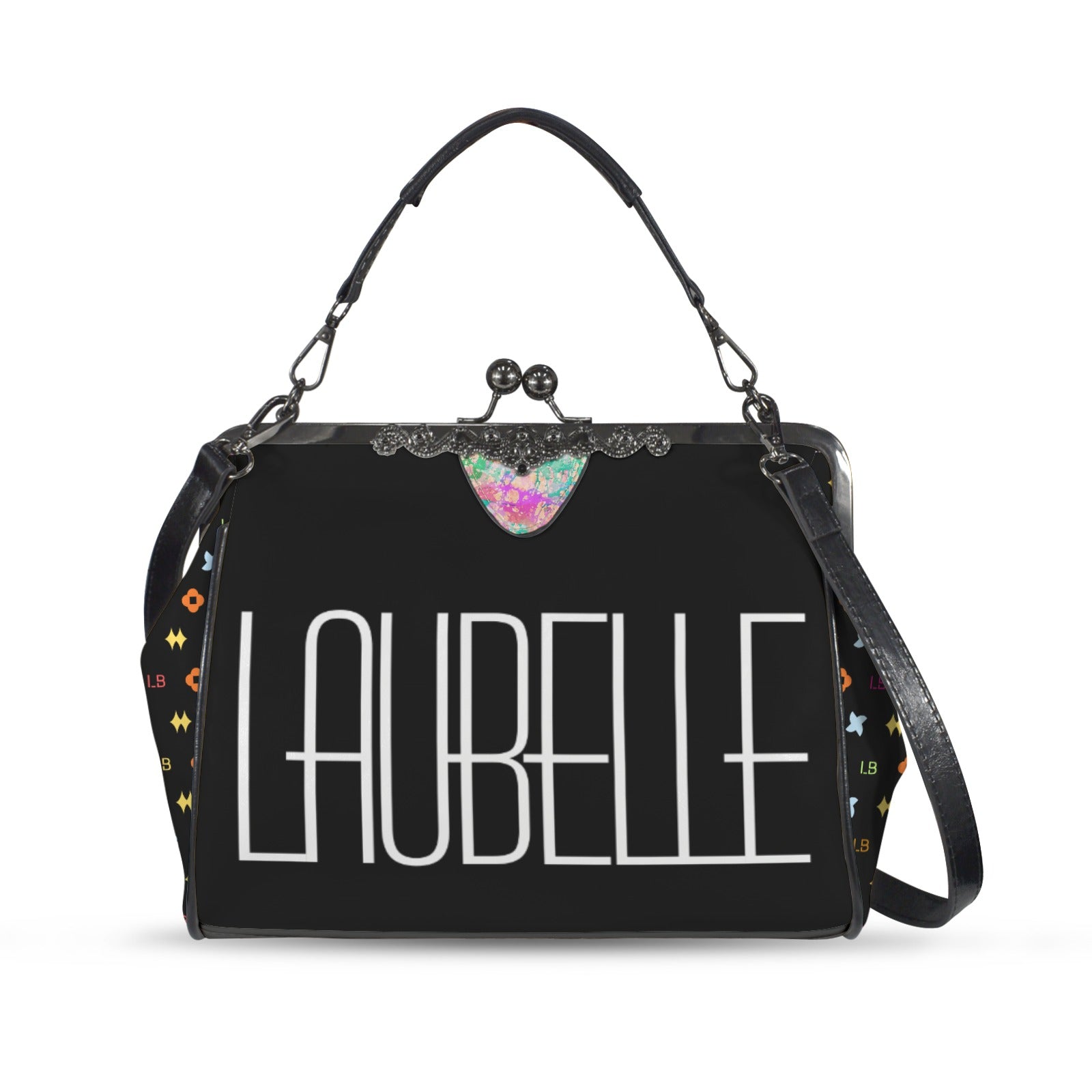 Black handbag with bold "LAUBELLE" text, colorful floral sides, and a decorative clasp.