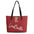 Red tote bag with black straps, featuring a cartoon bear and white cursive text.