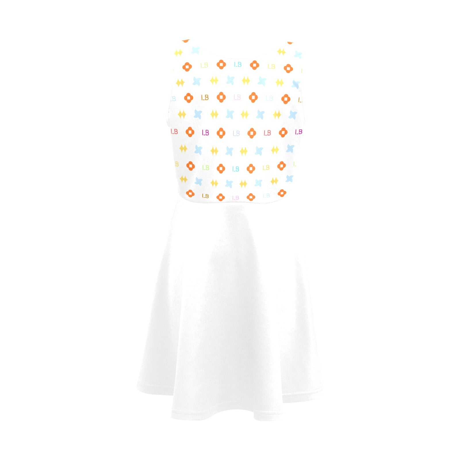 White dress with colorful geometric patterns on the bodice, flared skirt.