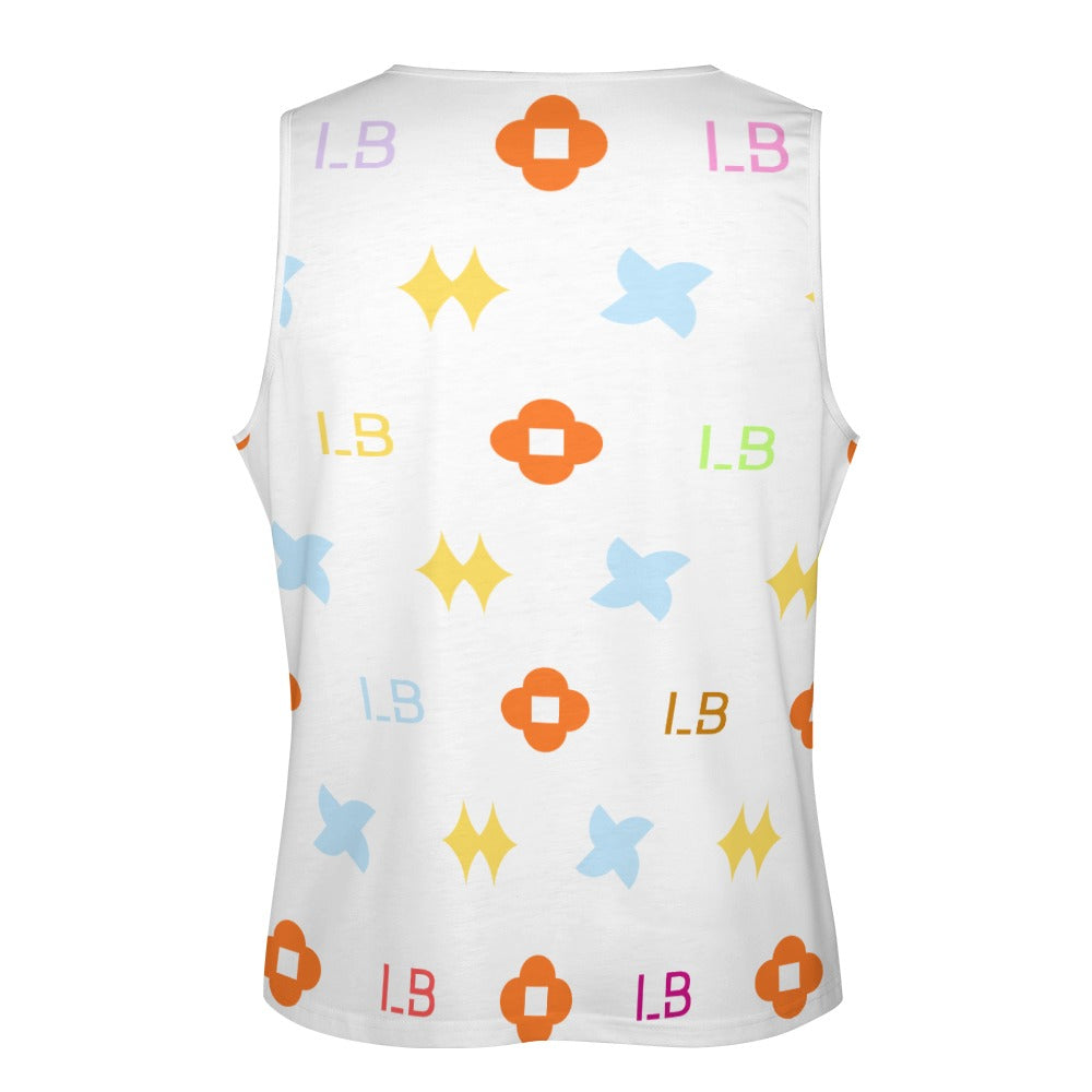 White sleeveless shirt with colorful symbols; orange clovers, blue crosses, and yellow diamonds.