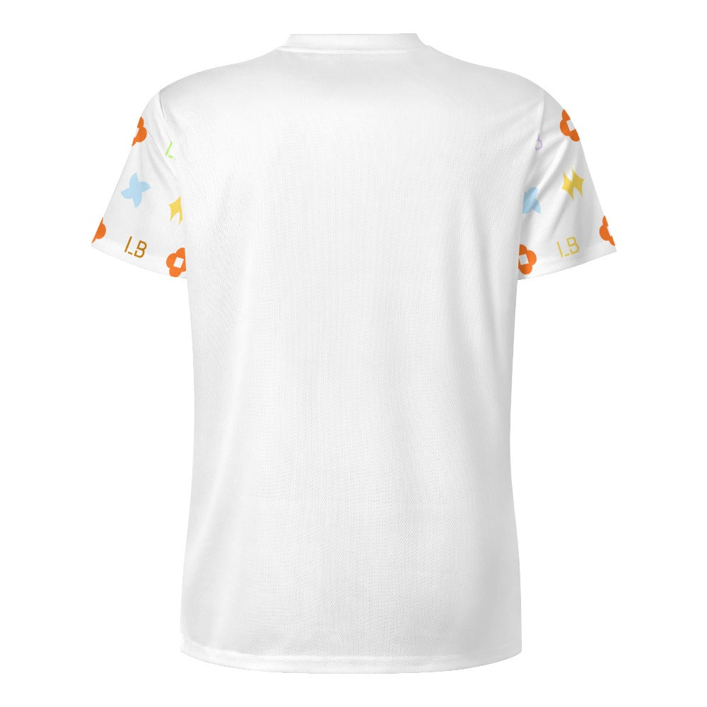 Back view of white T-shirt with colorful stars, bolts, and shapes on the sleeves.