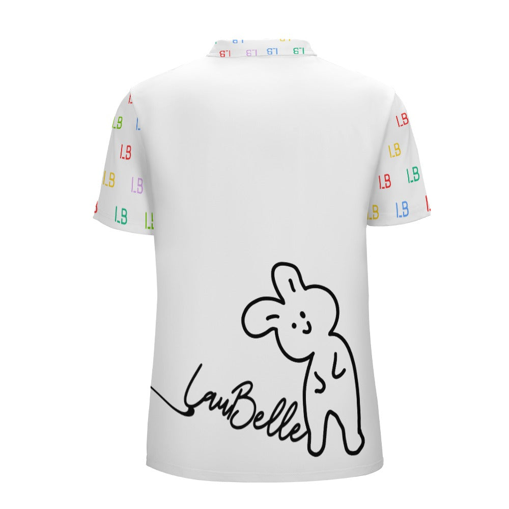 White shirt with colorful "LB" on sleeves, cartoon bunny, and "La Belle" on back.