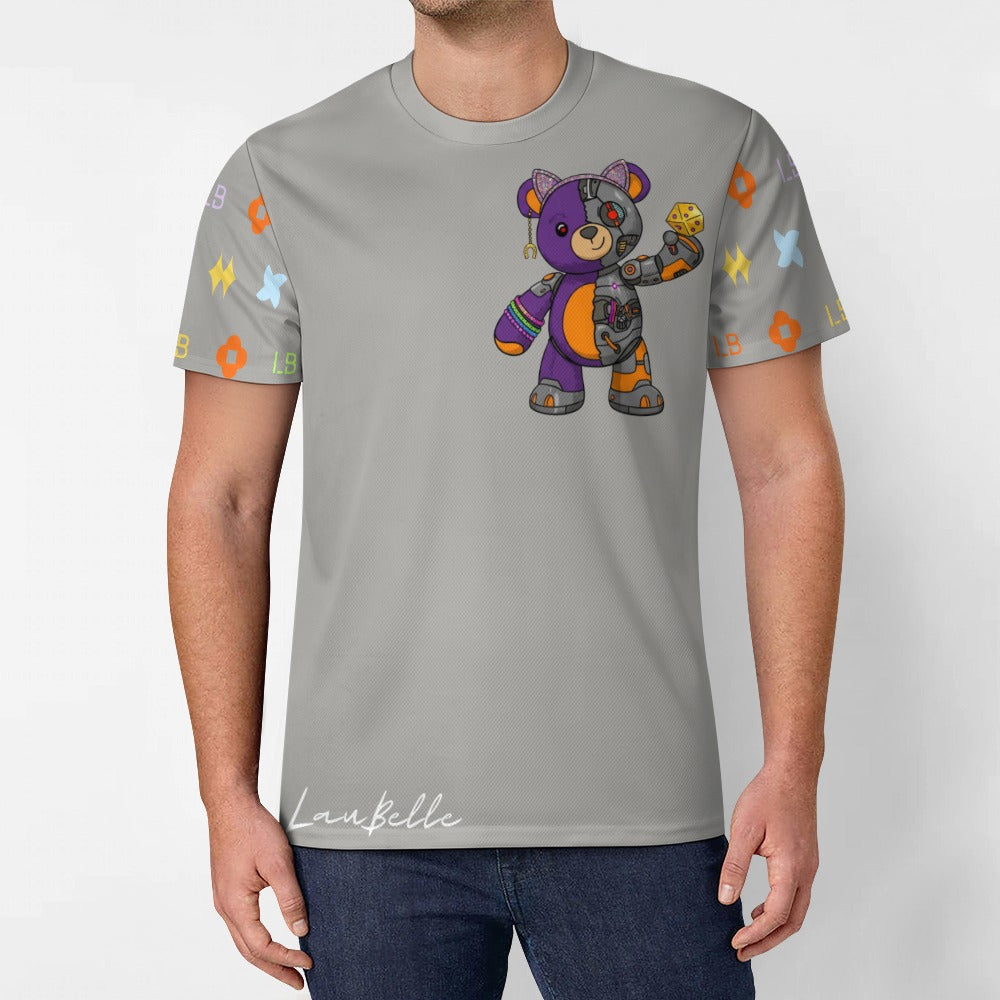 Gray T-shirt with colorful patchwork robot bear graphic and patterned sleeves.
