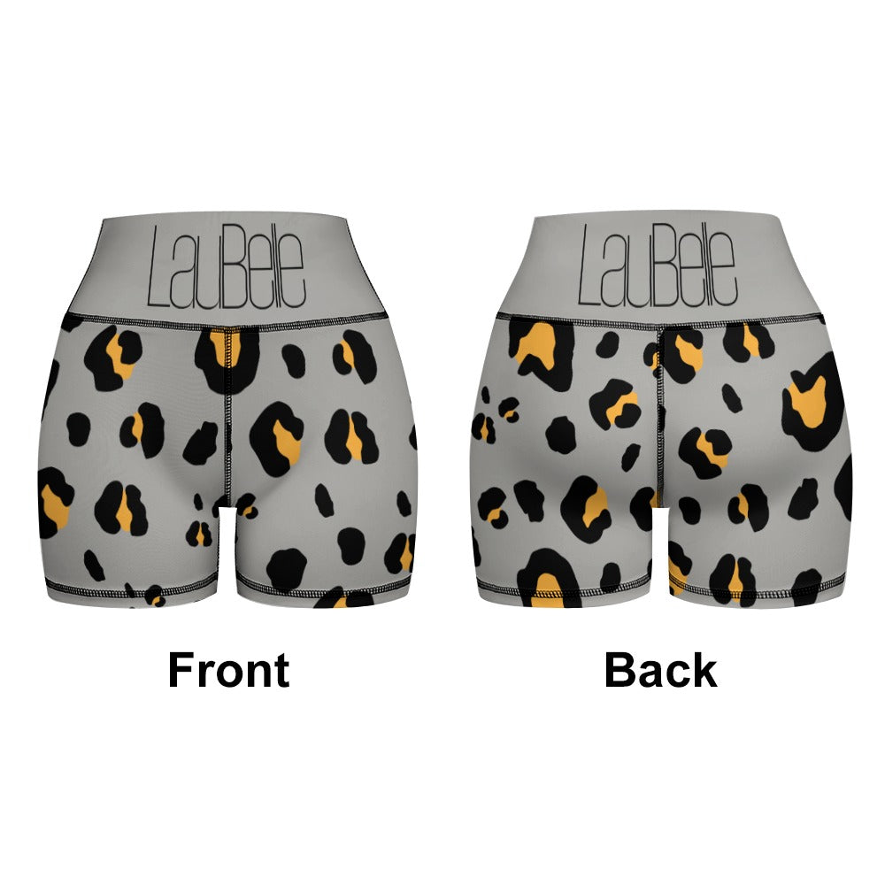 Gray shorts with black and orange leopard print, shown front and back views.