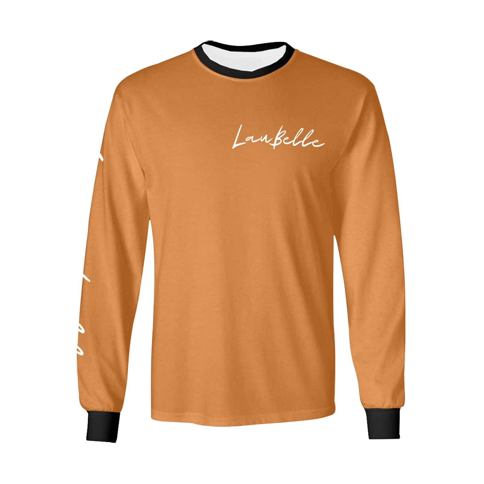 Orange long-sleeve shirt with black cuffs and collar, featuring white script text on chest and sleeves.