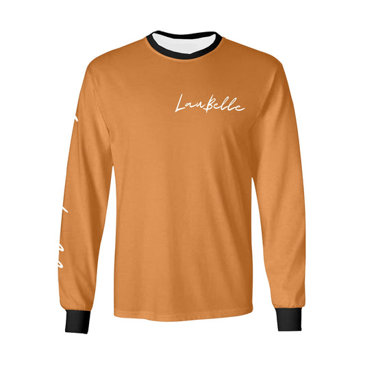 Orange long-sleeve shirt with black cuffs and collar, featuring white script text on chest and sleeves.