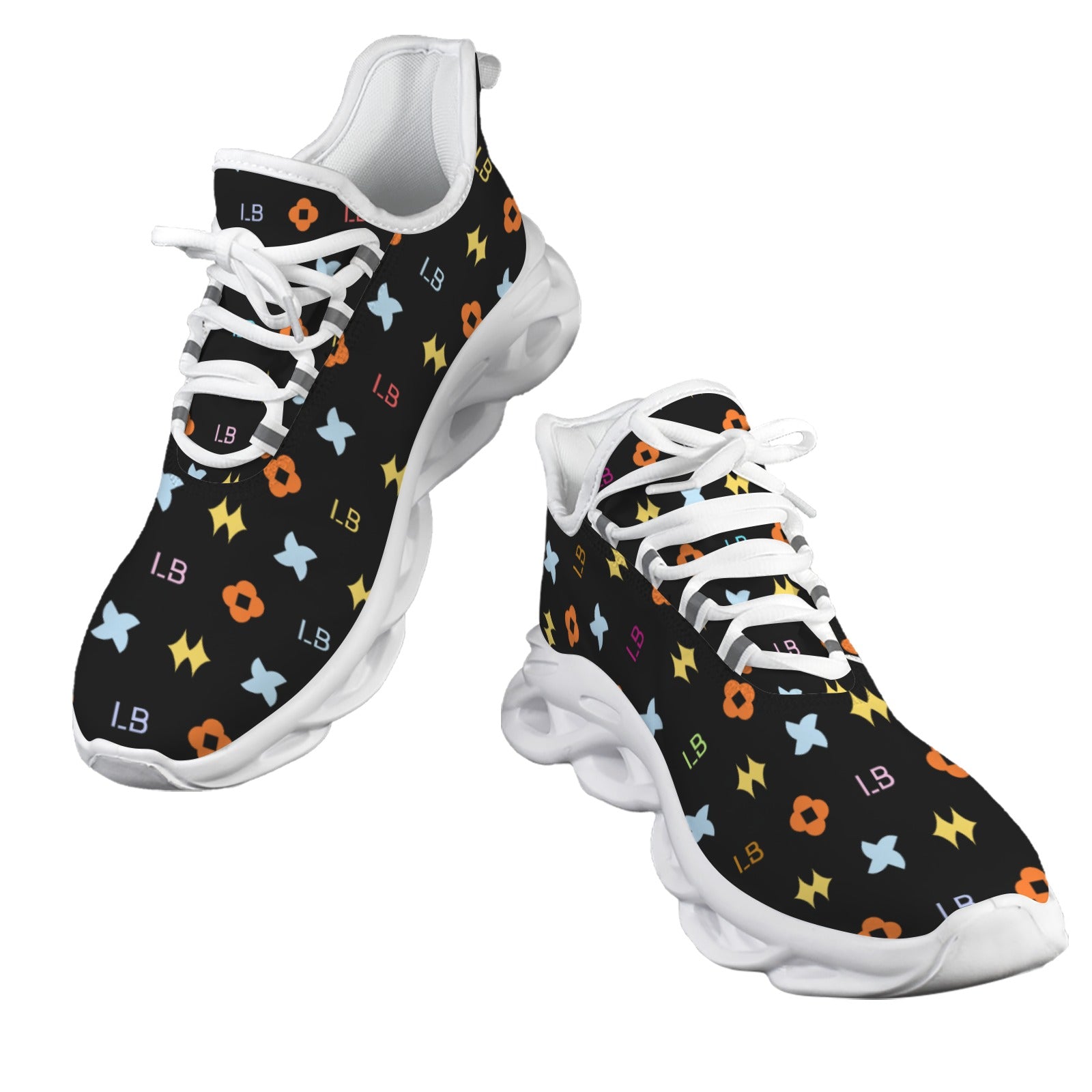 Black sneakers with colorful geometric patterns, white soles, and laces.