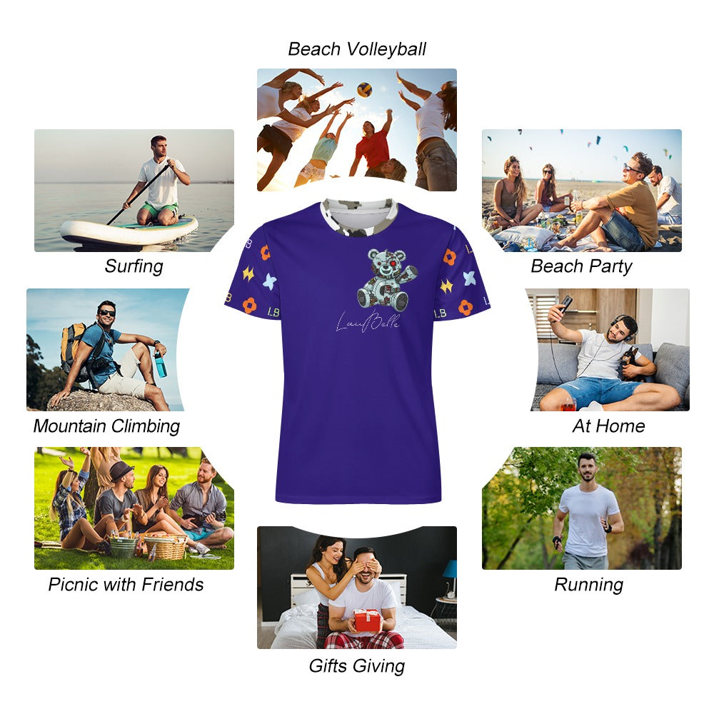Purple teddy bear t‑shirt centered among photos of people doing various outdoor activities
