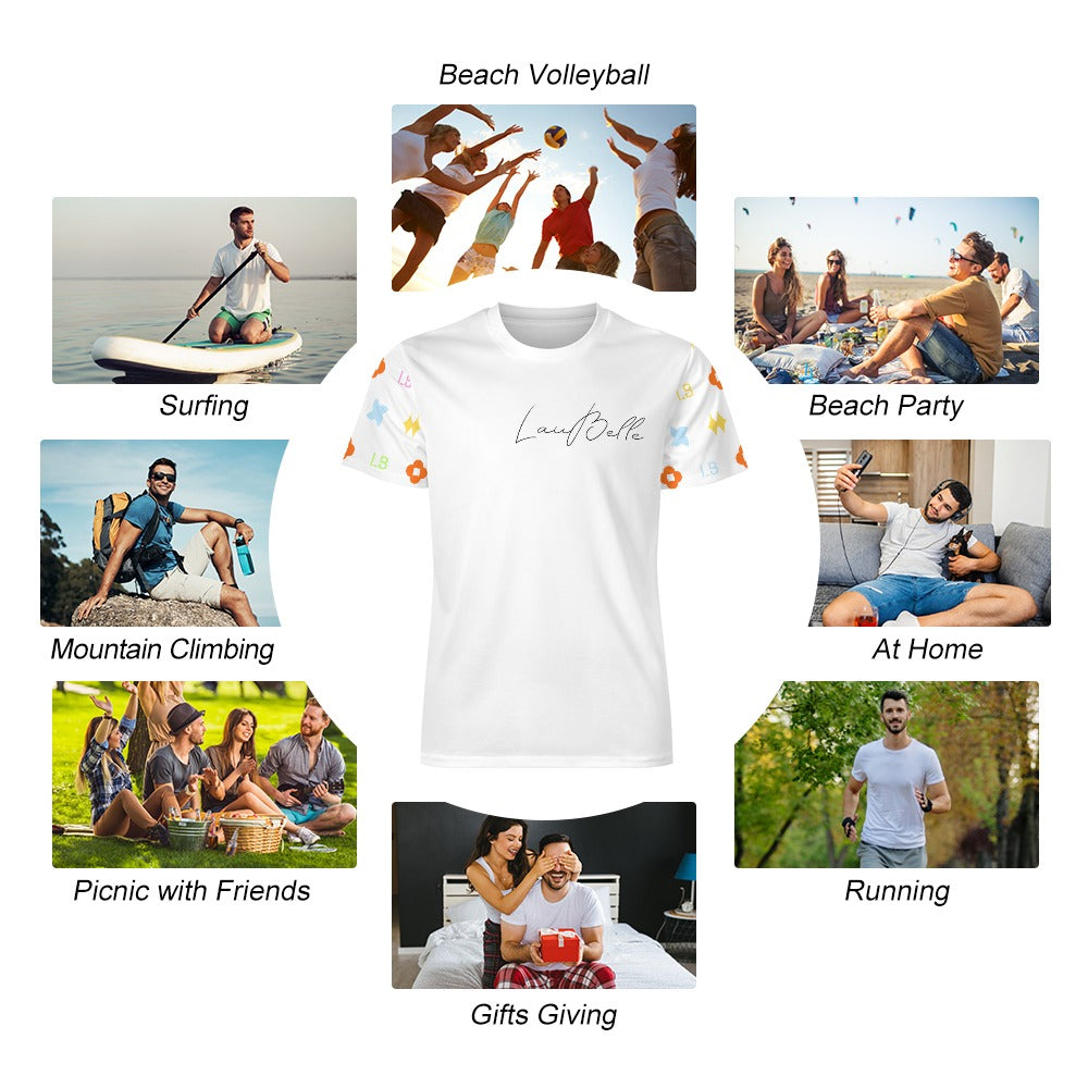 White T-shirt surrounded by photos of people surfing, hiking, parties, running, and relaxing.
