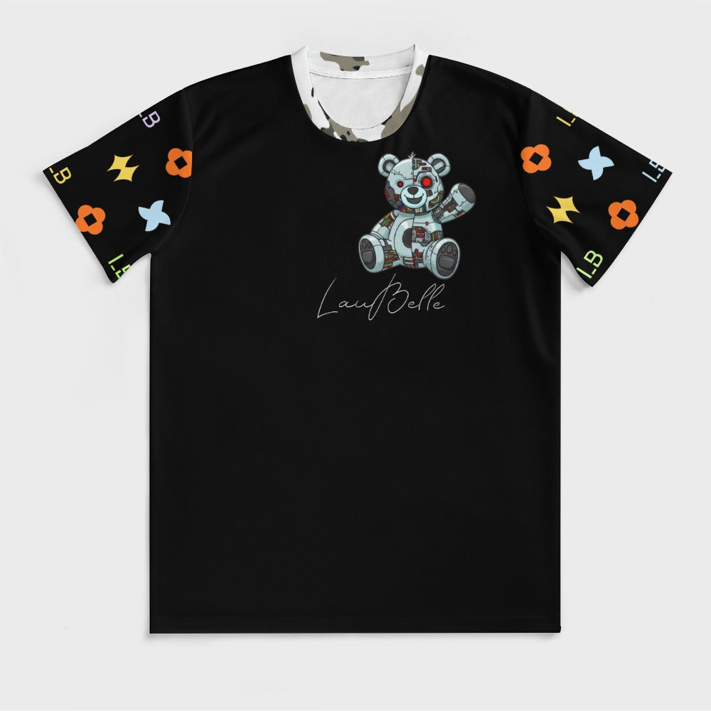 Black T-shirt with robot teddy bear graphic and black sleeves patterned with bright icons