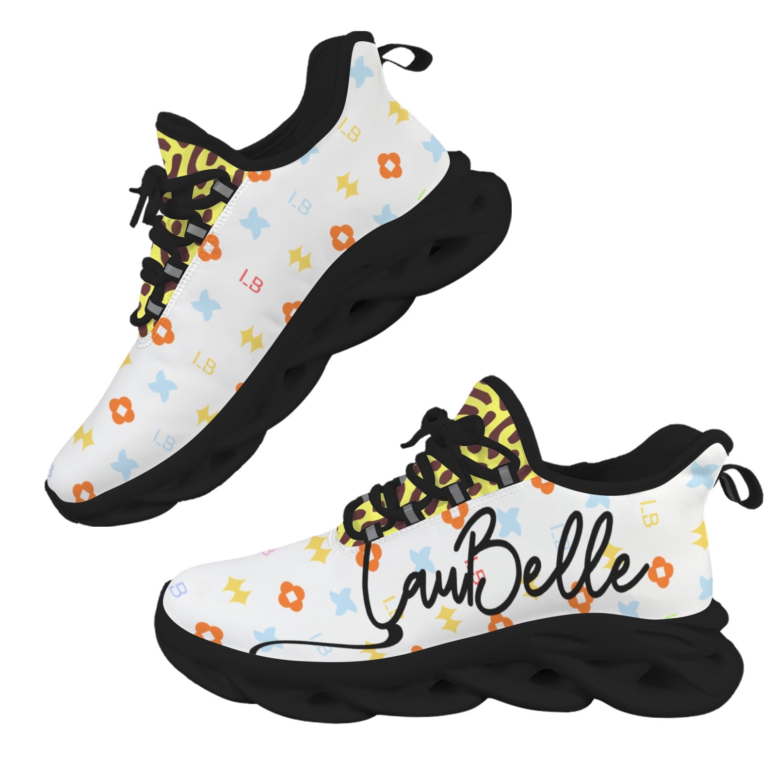White sneakers with colorful patterns, black sole, and "CamBelle" in bold script on the side.