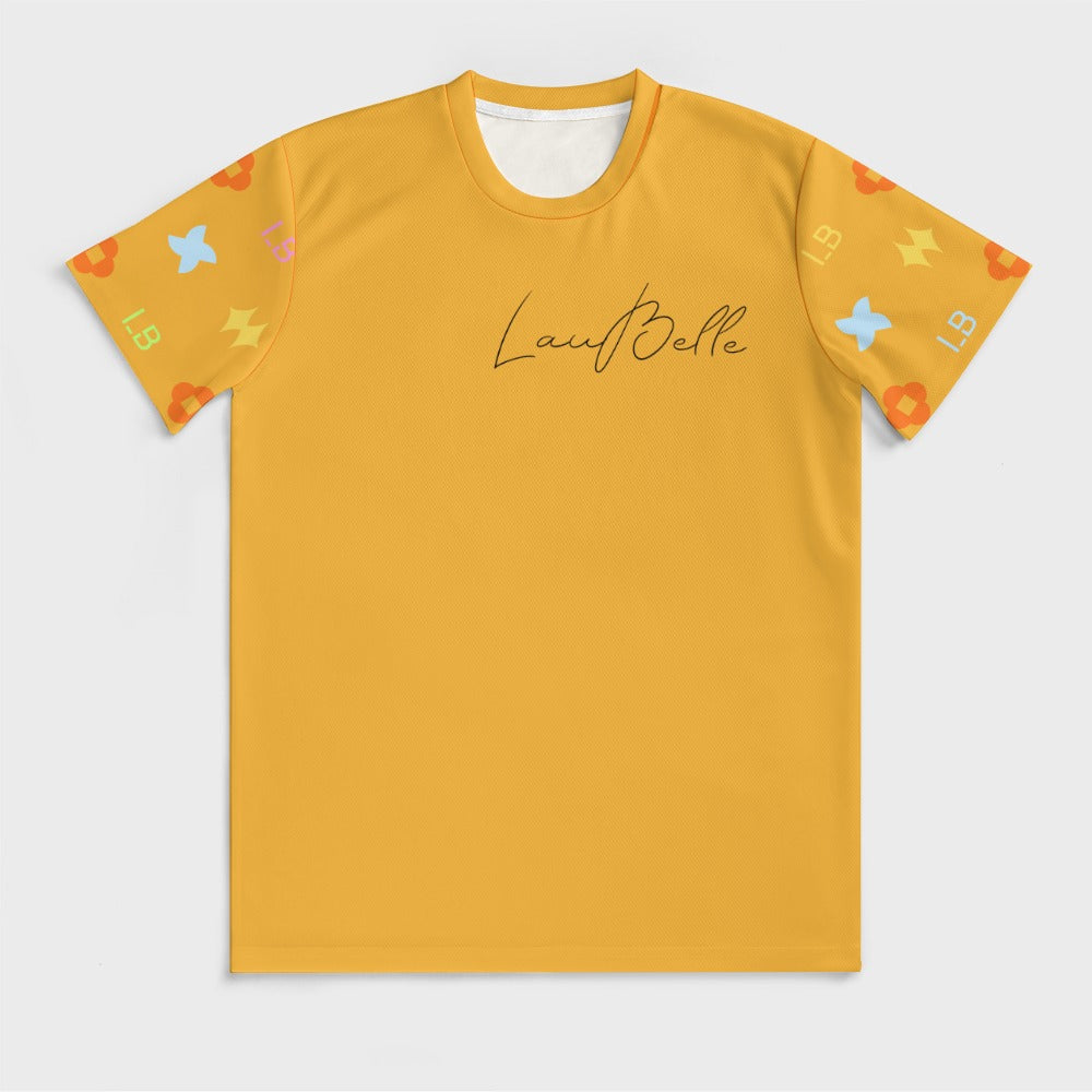 Yellow t-shirt with “LauriBelle” script and orange sleeves patterned with colorful icons