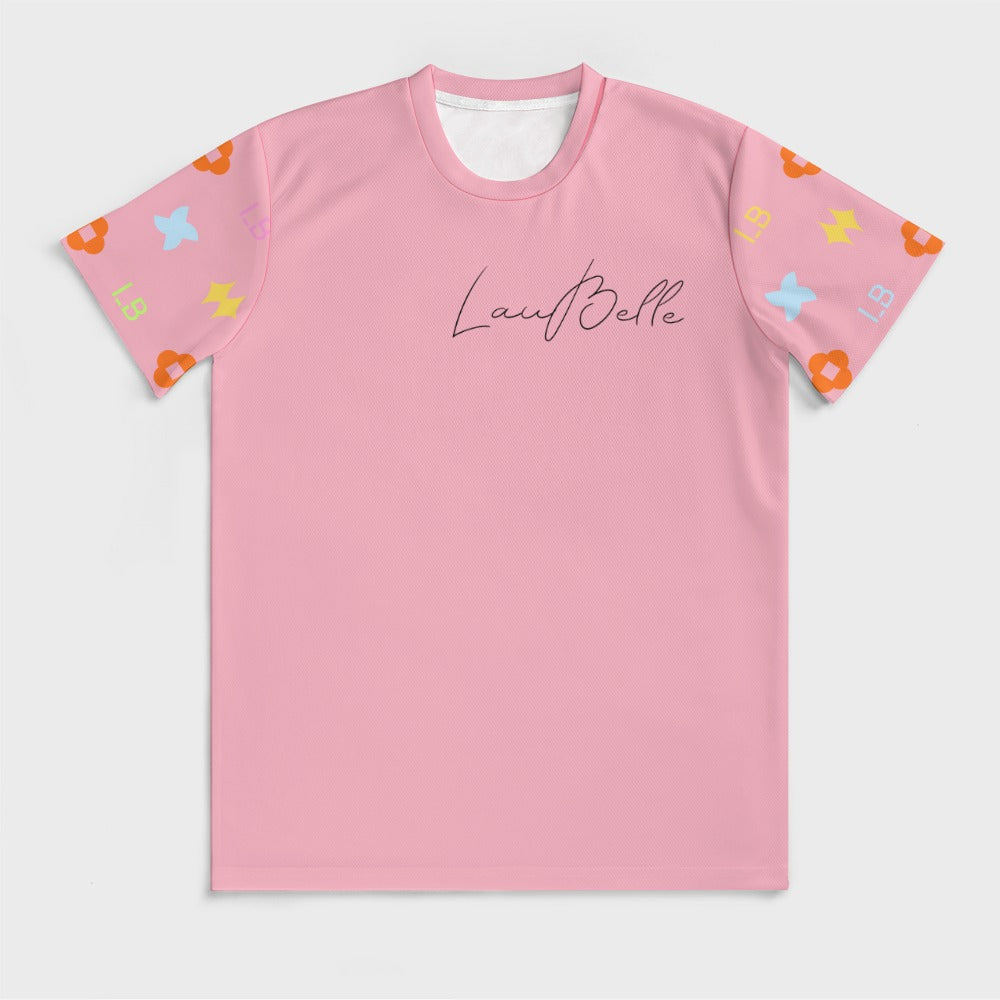 Pink T-shirt with script logo and orange sleeves with colorful star and flower shapes
