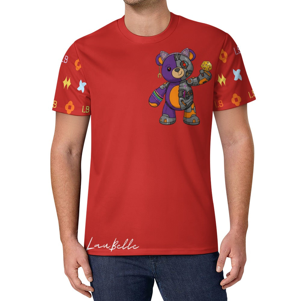 Man in red T-shirt with colorful patchwork teddy bear graphic and patterned sleeves.