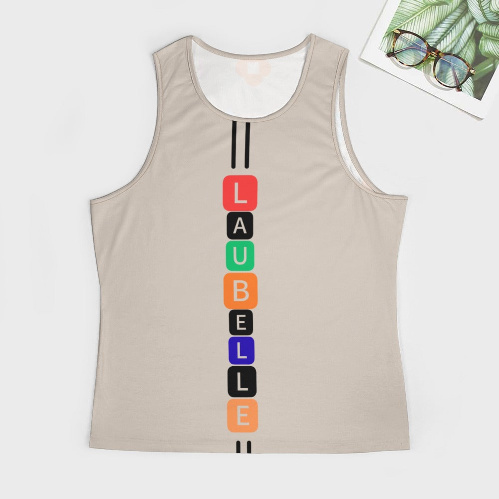 Beige tank top with colorful vertical blocks spelling "LAUBELLE." Glasses and leaf book nearby.