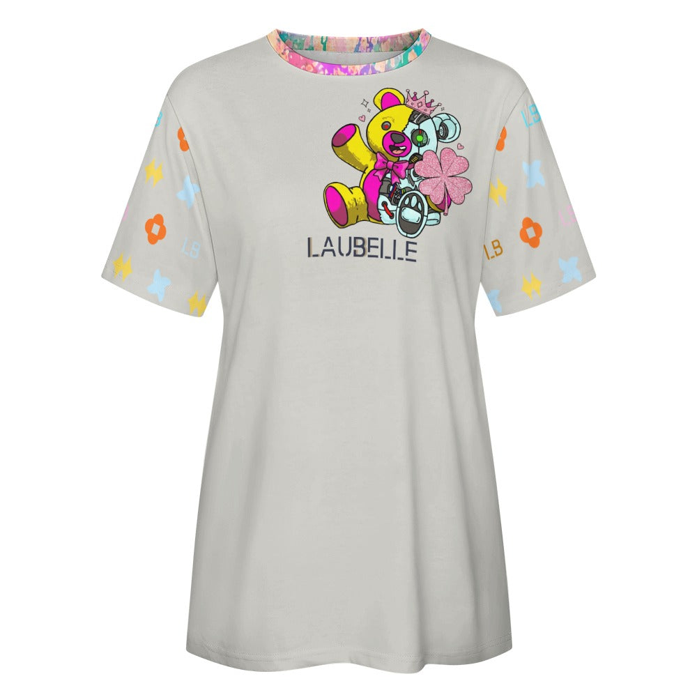 White T-shirt with colorful bear, text "LAUBELLE," and multicolored patterns on sleeves.