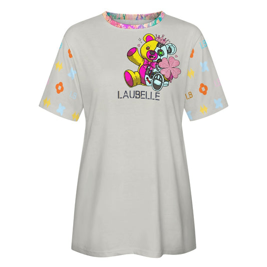 White T-shirt with colorful bear, text "LAUBELLE," and multicolored patterns on sleeves.